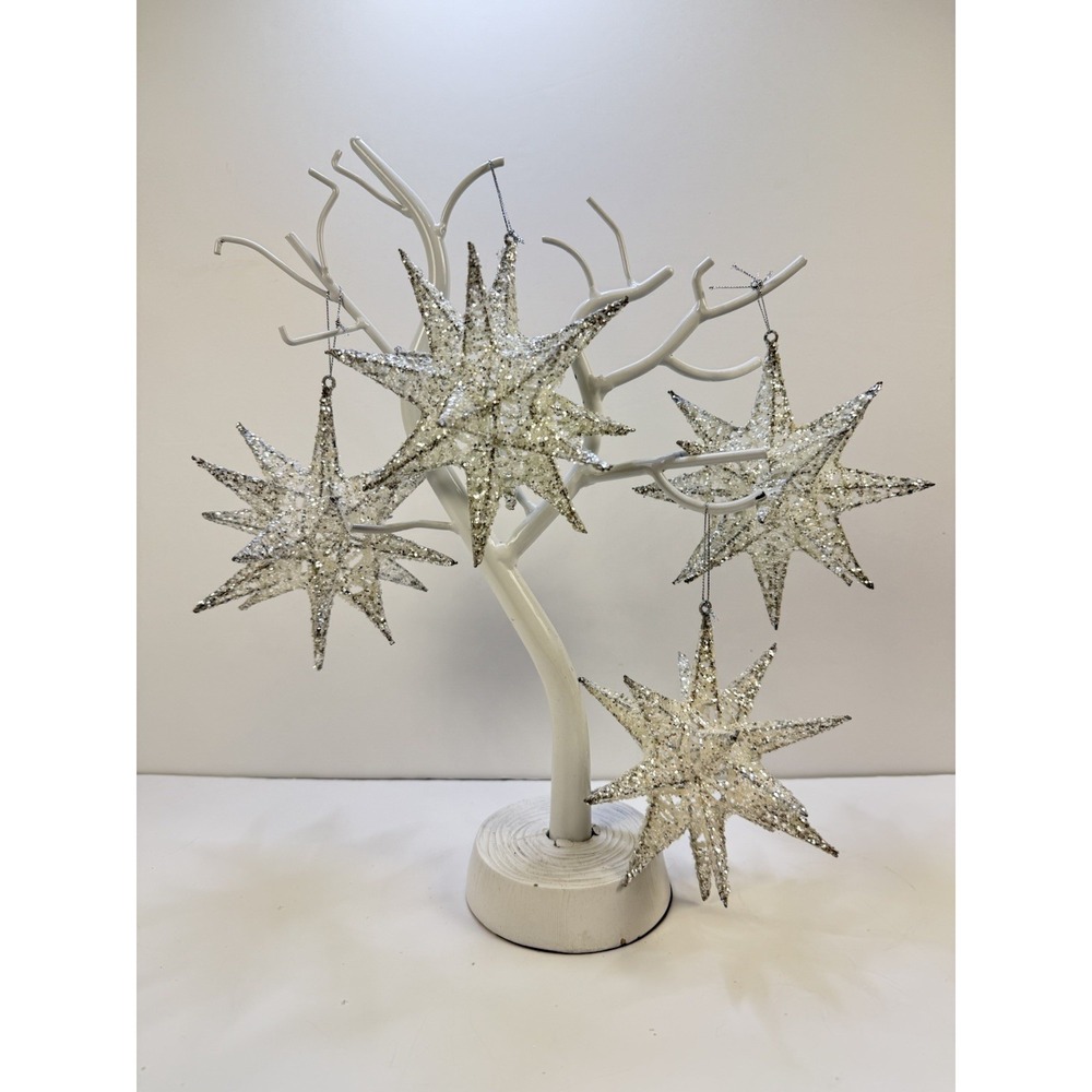 Sputnik Shaped Ornament - Silver Glitter w/hanger 5" NWOT Pier One Set of 4